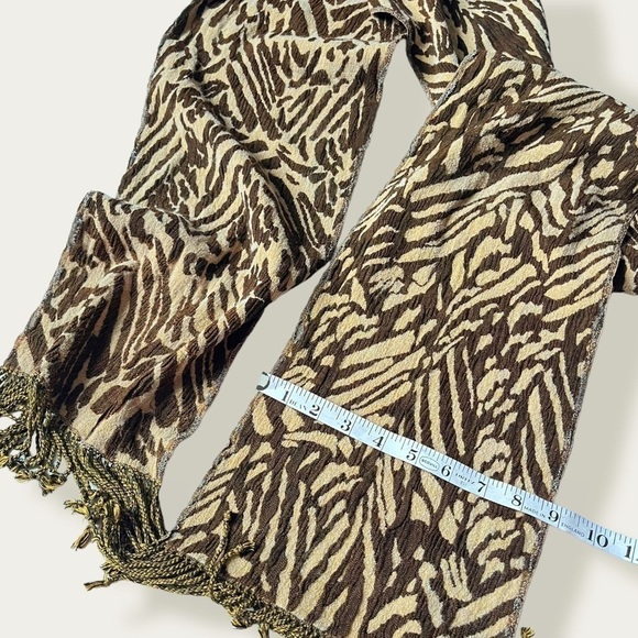 Tolani Vintage Animal Print Scarf Fringe Brown Tan 74x9 - Picture 8 of 9